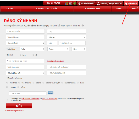 đăng ký tài khoản 12bet